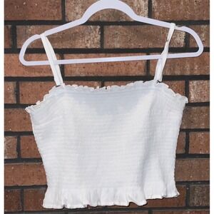Hollister White Smocked Ruffle Crop Top Adjustable Straps Size XL 340F2784